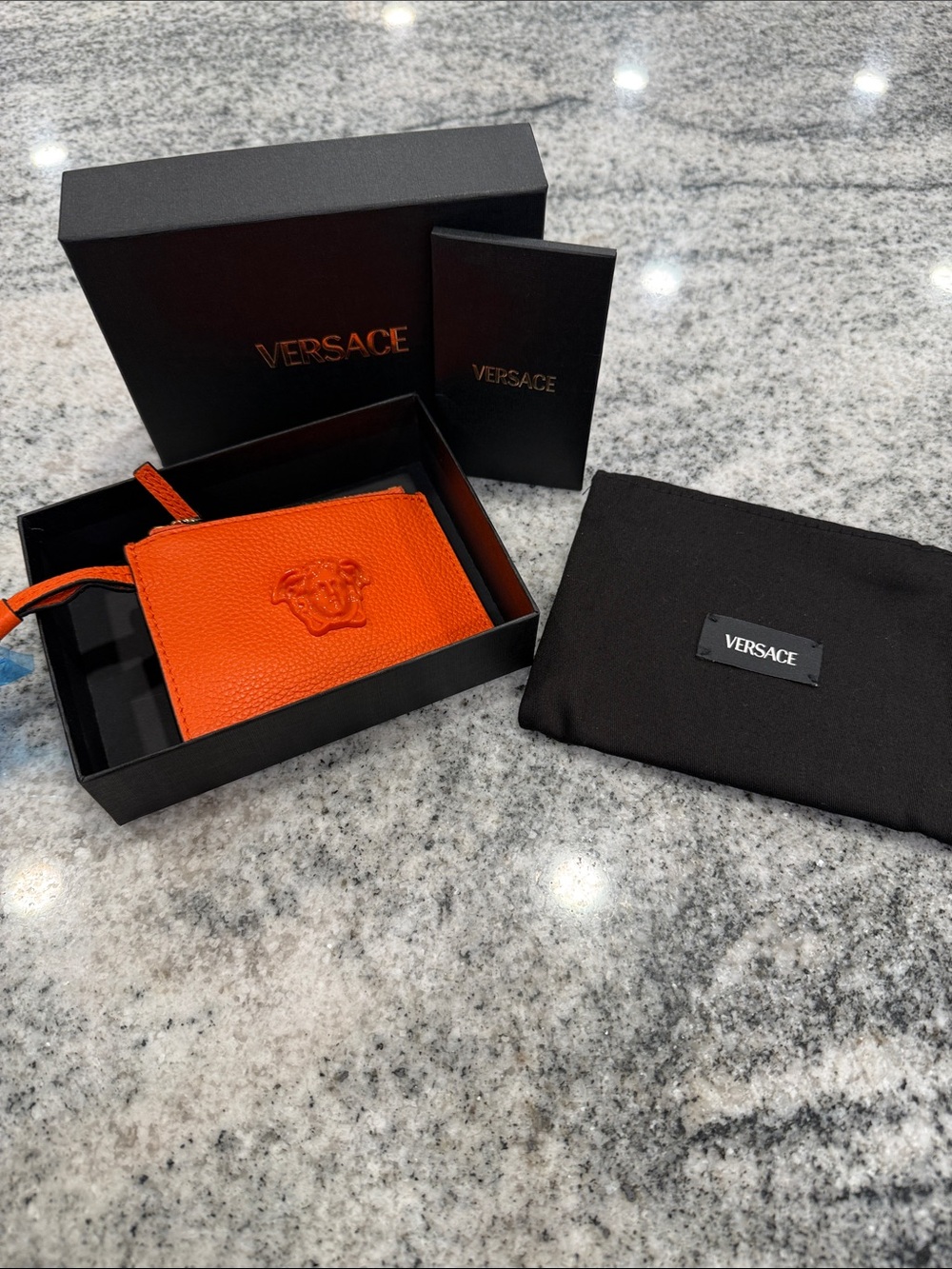 Versace Orange Textured Leather Card & Key Pouch with Medusa Detail